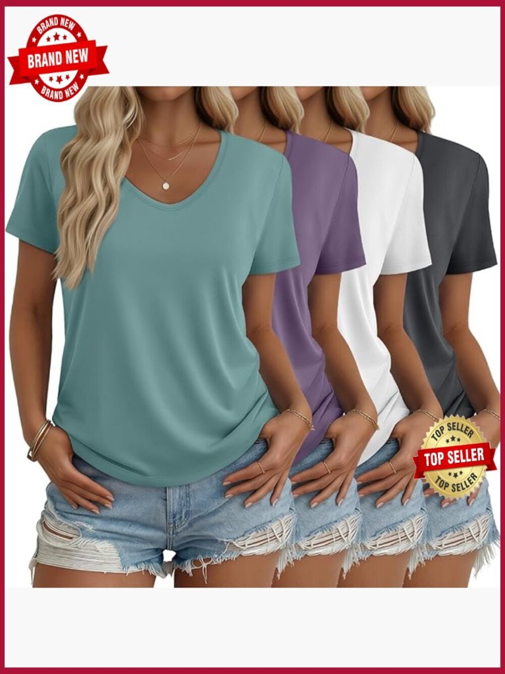 Women's V-Neck Short Sleeve T-Shirt 4-Pack Soft Basic Tees Regular Fit